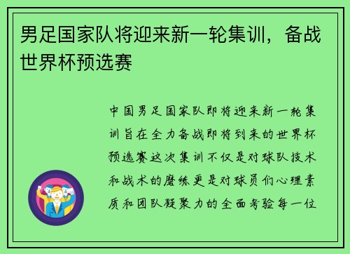 男足国家队将迎来新一轮集训，备战世界杯预选赛