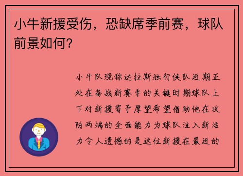 小牛新援受伤，恐缺席季前赛，球队前景如何？