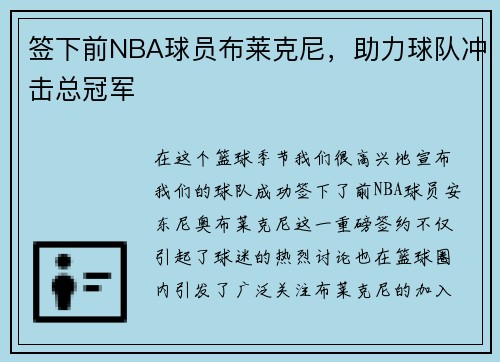 签下前NBA球员布莱克尼，助力球队冲击总冠军