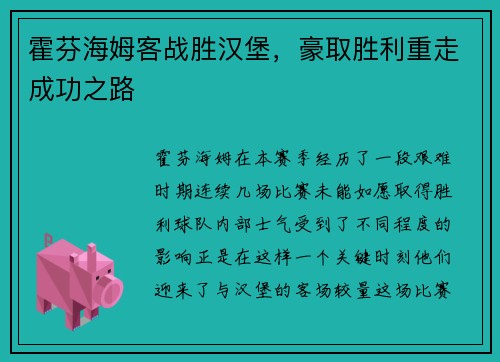 霍芬海姆客战胜汉堡，豪取胜利重走成功之路